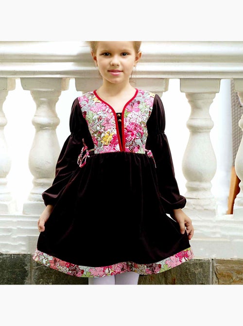 Vestido de Invierno para Niña | Terciopelo Marrón con Flores Liberty Rojas | MARGOT - Kiabi
