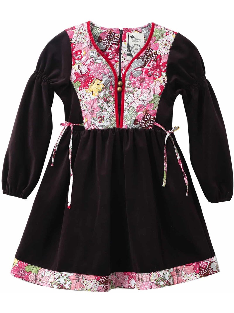 Vestido de Invierno para Niña | Terciopelo Marrón con Flores Liberty Rojas | MARGOT Rojo - Kiabi