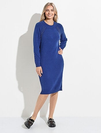 Vestido de jersey de cuello alto con detalles de canalé con cuentas
