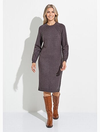 Vestido de jersey de cuello alto con detalles de canalé con cuentas