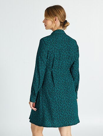 Vestido Camisero Largo Verde Oliva A Rayas Con Detalle De Puños Con