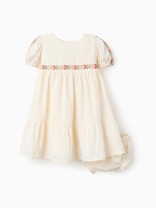 Vestido de lino con bordado + cubrepañal - Kiabi