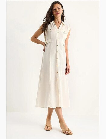 Vestido de lino con botones dorados y detalle en la cintura lucci