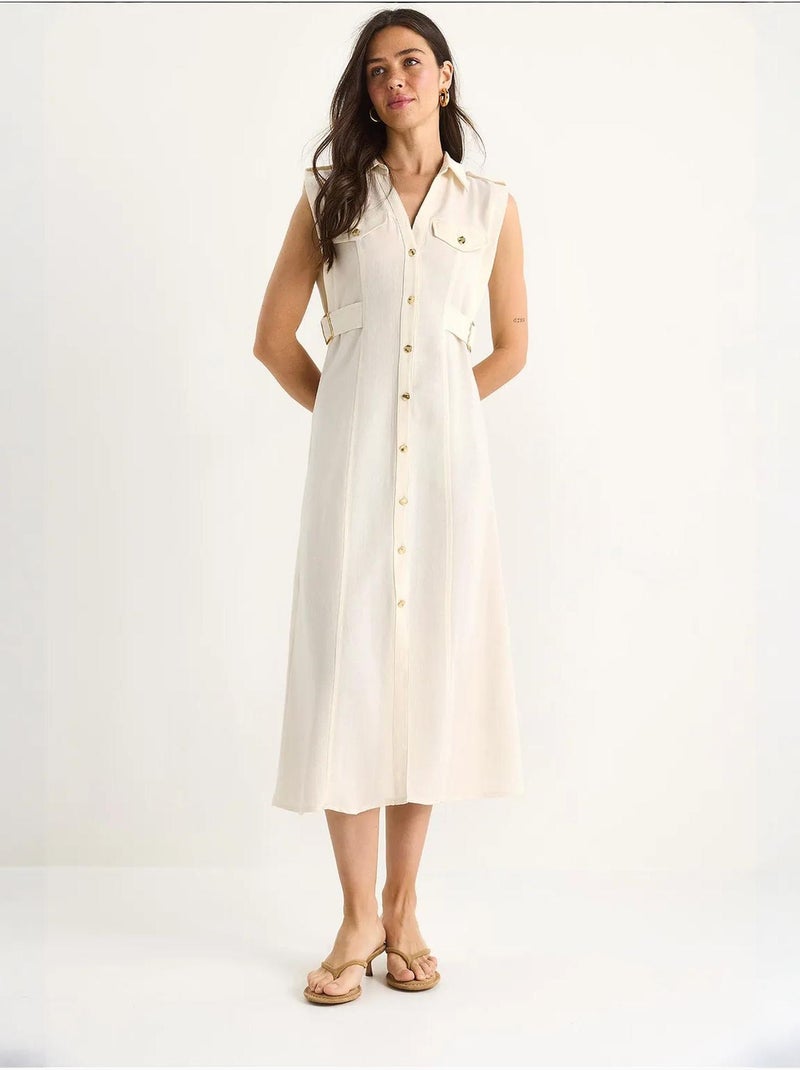 Vestido de lino con botones dorados y detalle en la cintura lucci Beige arcilla - Kiabi