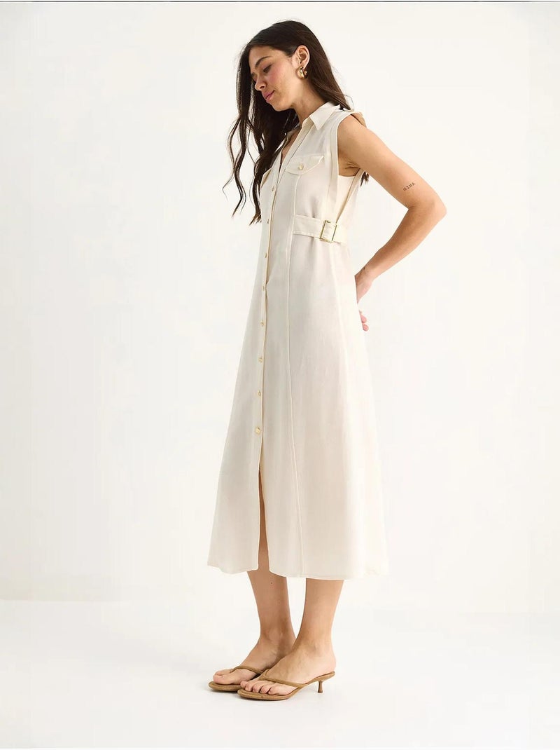 Vestido de lino con botones dorados y detalle en la cintura lucci Beige arcilla - Kiabi