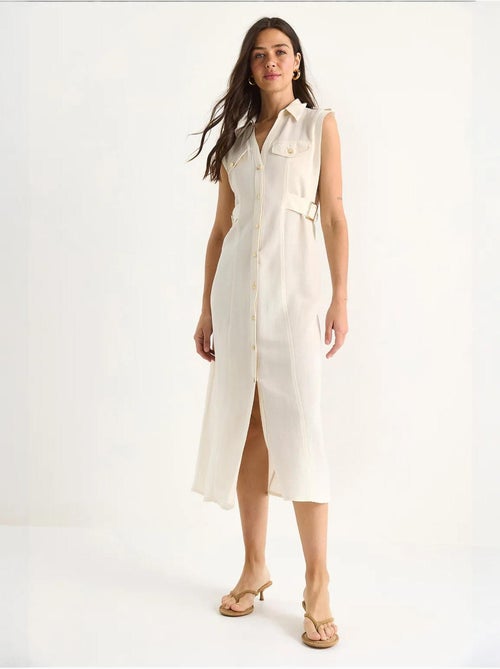 Vestido de lino con botones dorados y detalle en la cintura lucci - Kiabi