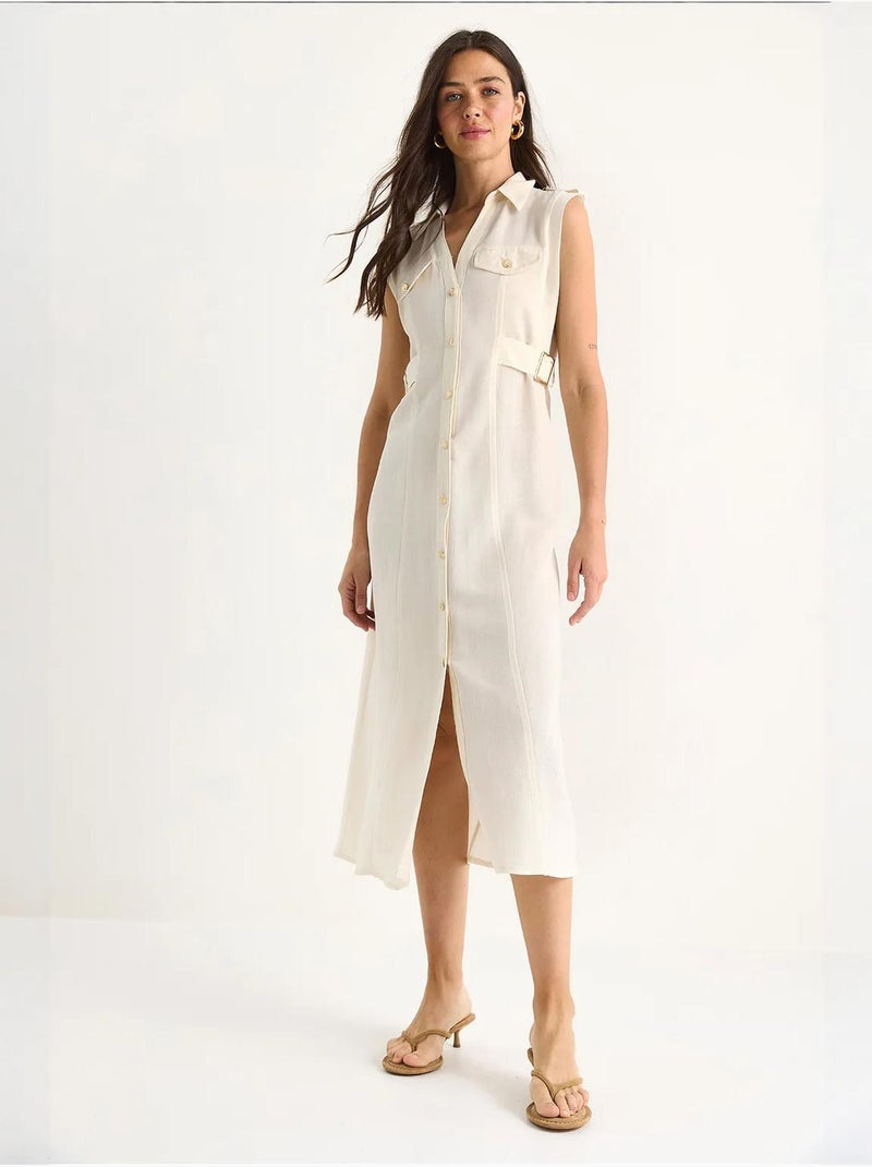 Vestido de lino con botones dorados y detalle en la cintura lucci Beige arcilla - Kiabi