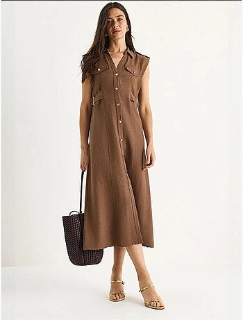Vestido de lino con botones dorados y detalle en la cintura lucci