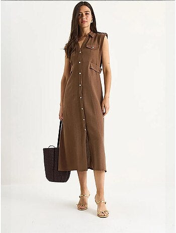 Vestido de lino con botones dorados y detalle en la cintura lucci