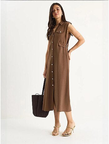 Vestido de lino con botones dorados y detalle en la cintura lucci
