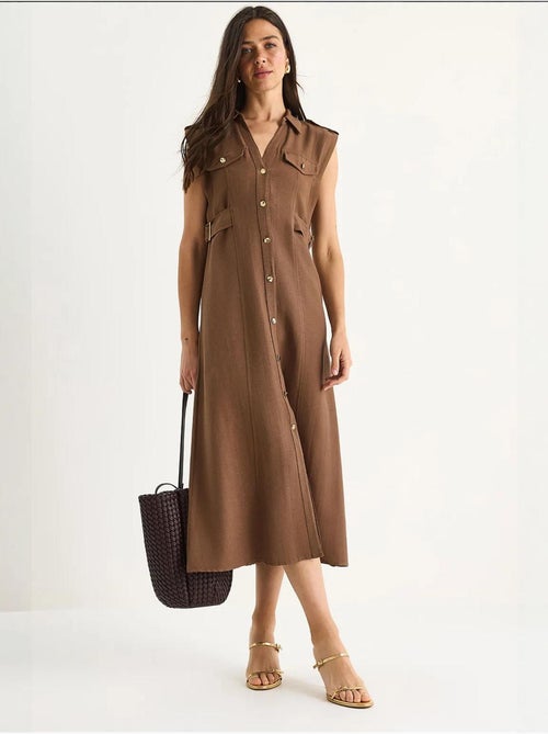 Vestido de lino con botones dorados y detalle en la cintura lucci - Kiabi
