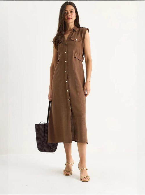 Vestido de lino con botones dorados y detalle en la cintura lucci - Kiabi