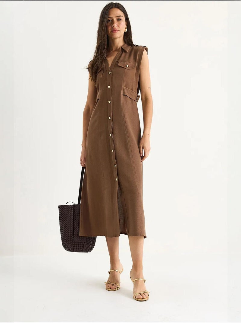 Vestido de lino con botones dorados y detalle en la cintura lucci Marrón claro - Kiabi