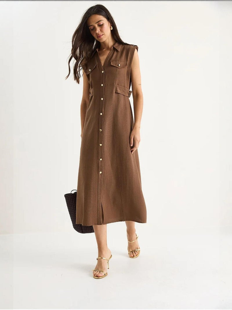 Vestido de lino con botones dorados y detalle en la cintura lucci Marrón claro - Kiabi
