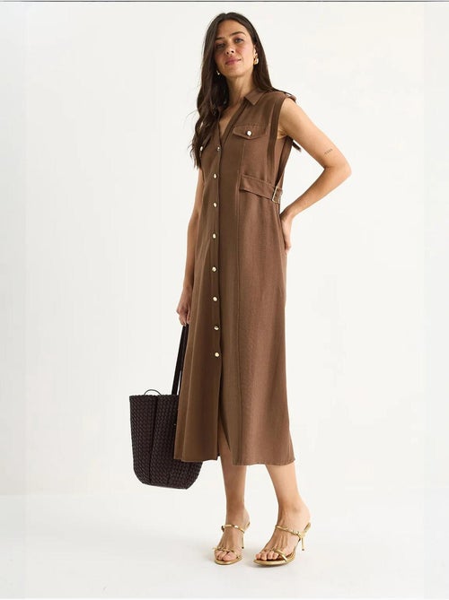 Vestido de lino con botones dorados y detalle en la cintura lucci - Kiabi