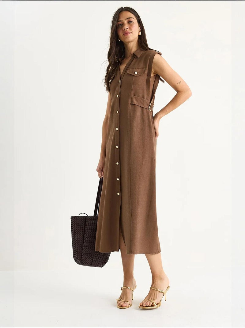 Vestido de lino con botones dorados y detalle en la cintura lucci Marrón claro - Kiabi