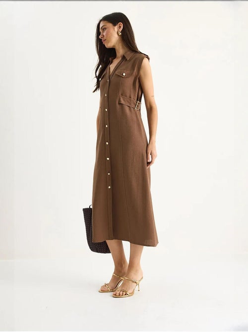 Vestido de lino con botones dorados y detalle en la cintura lucci - Kiabi