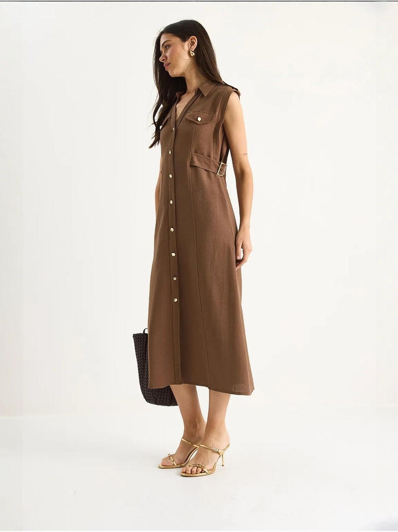 Vestido de lino con botones dorados y detalle en la cintura lucci Marrón claro - Kiabi