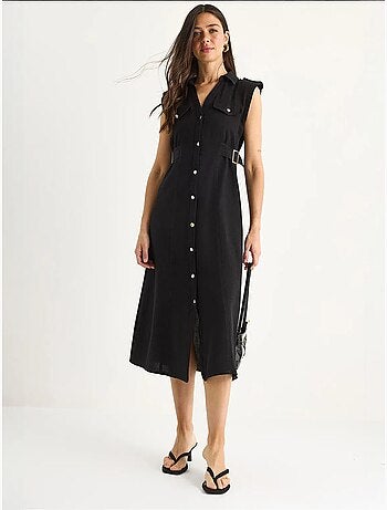 Vestido de lino con botones dorados y detalle en la cintura lucci
