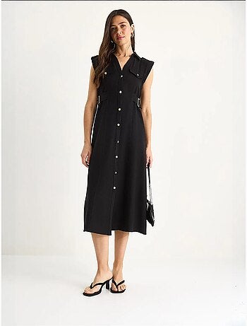 Vestido de lino con botones dorados y detalle en la cintura lucci