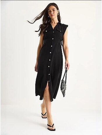 Vestido de lino con botones dorados y detalle en la cintura lucci