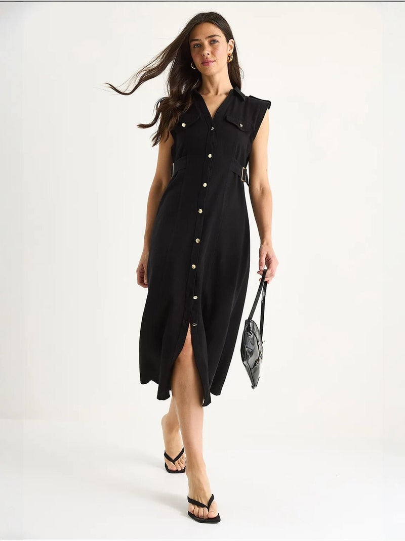 Vestido de lino con botones dorados y detalle en la cintura lucci Negro - Kiabi