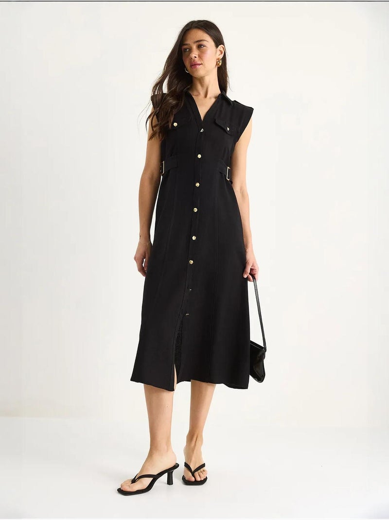 Vestido de lino con botones dorados y detalle en la cintura lucci Negro - Kiabi
