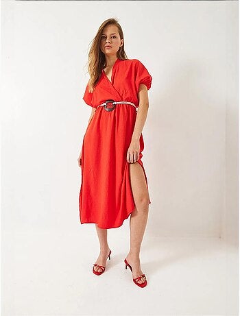 Vestido de manga corta con abertura y cinturón con cuello cruzado lucci