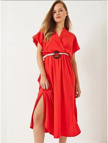 Vestido de manga corta con abertura y cinturón con cuello cruzado lucci