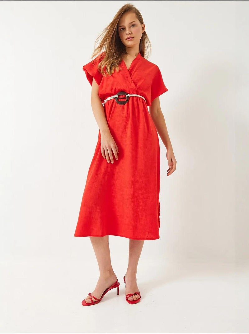 Vestido de manga corta con abertura y cinturón con cuello cruzado lucci Rojo - Kiabi
