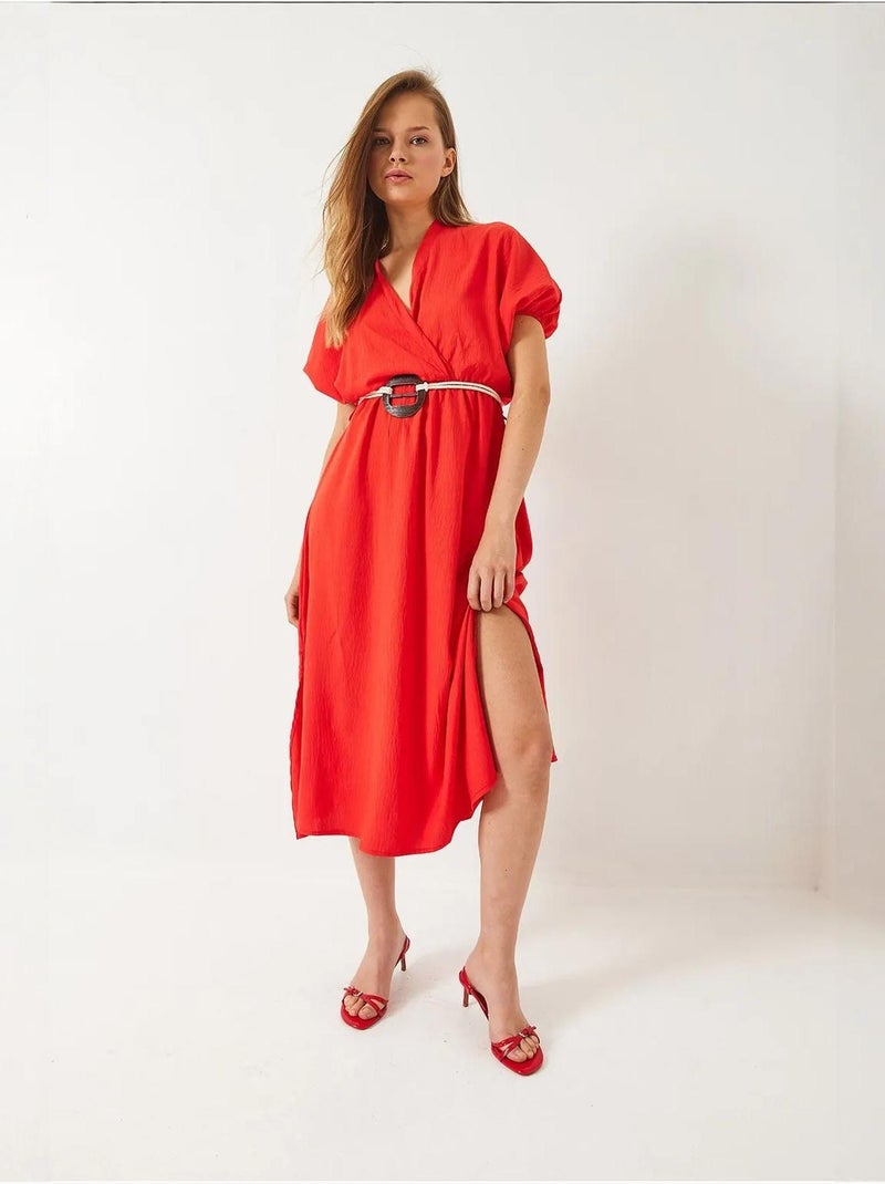 Vestido de manga corta con abertura y cinturón con cuello cruzado lucci Rojo - Kiabi