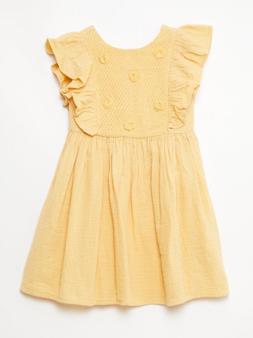 Vestido de manga corta con bordados en el cuello de algodón - Kiabi