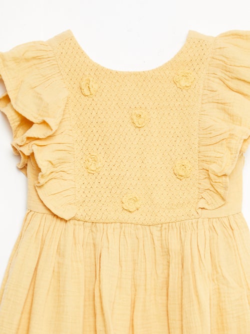 Vestido de manga corta con bordados en el cuello de algodón - Kiabi