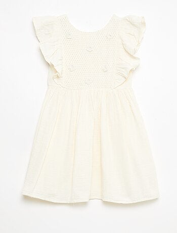 Vestido de manga corta con bordados en el cuello de algodón