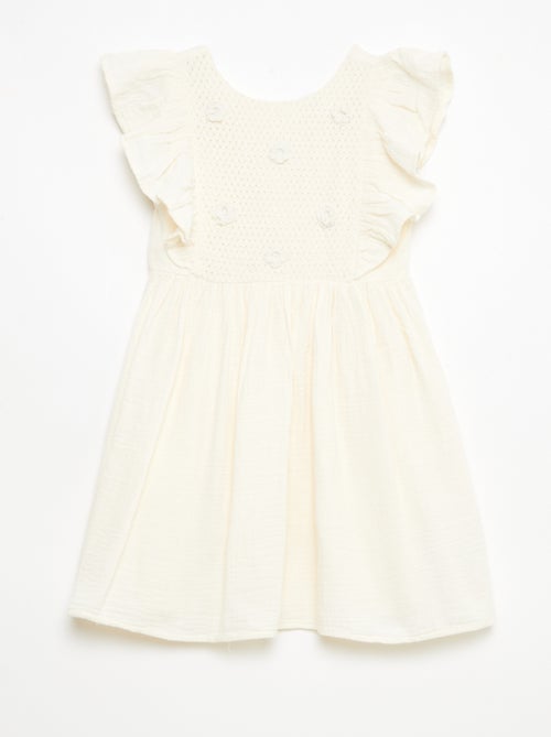 Vestido de manga corta con bordados en el cuello de algodón - Kiabi