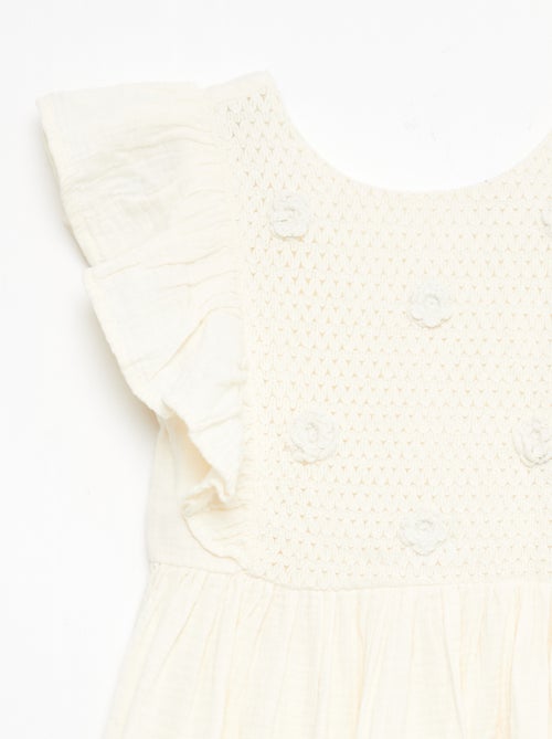 Vestido de manga corta con bordados en el cuello de algodón - Kiabi