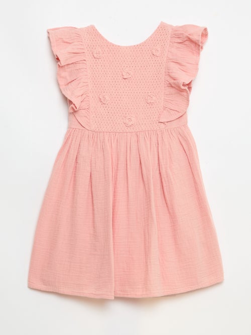 Vestido de manga corta con bordados en el cuello de algodón - Kiabi