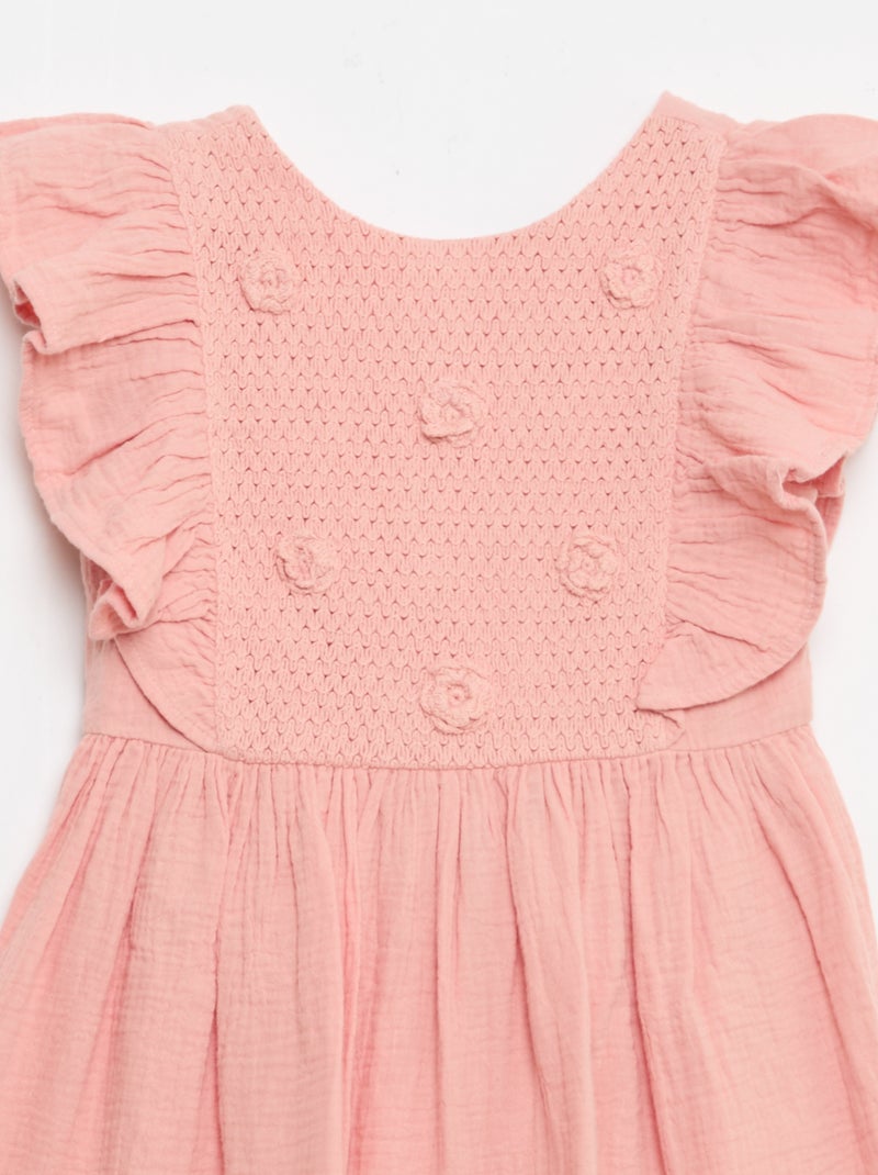 Vestido de manga corta con bordados en el cuello de algodón Rosa - Kiabi