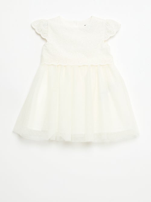 Vestido de manga corta con bordados ingleses y tul - Kiabi