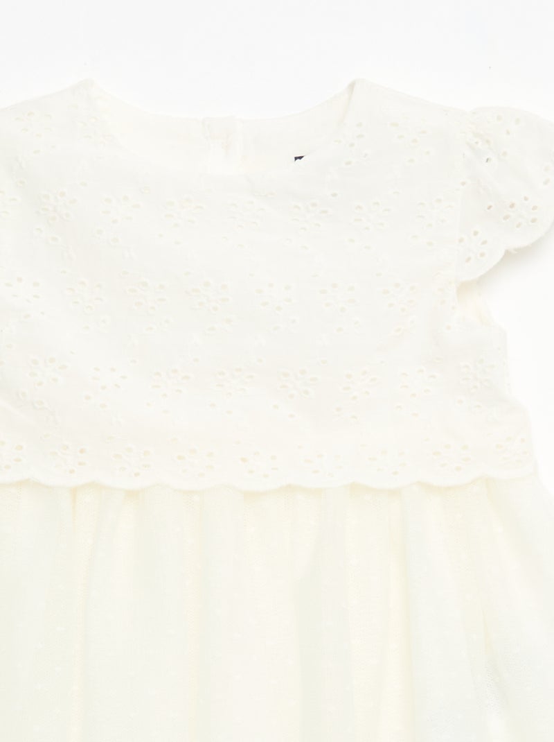 Vestido de manga corta con bordados ingleses y tul Blanco - Kiabi