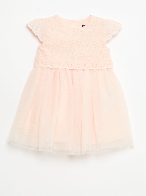 Vestido de manga corta con bordados ingleses y tul - Kiabi
