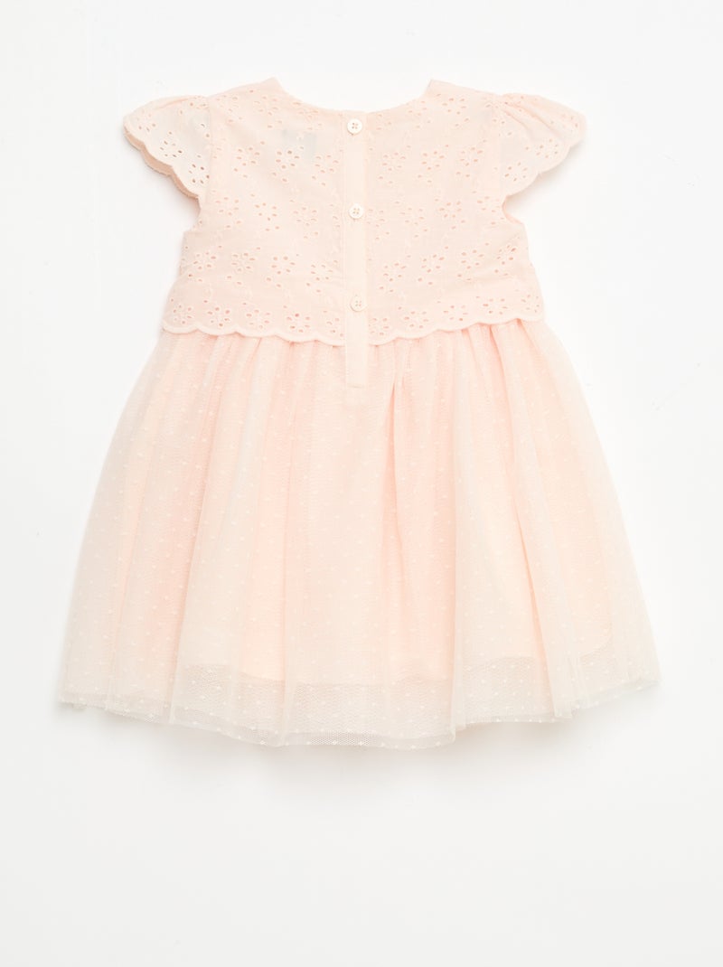Vestido de manga corta con bordados ingleses y tul Rosa - Kiabi