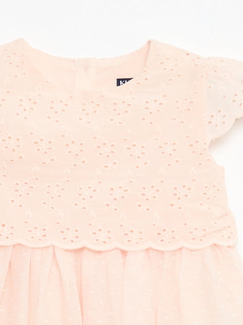 Vestido de manga corta con bordados ingleses y tul - Kiabi