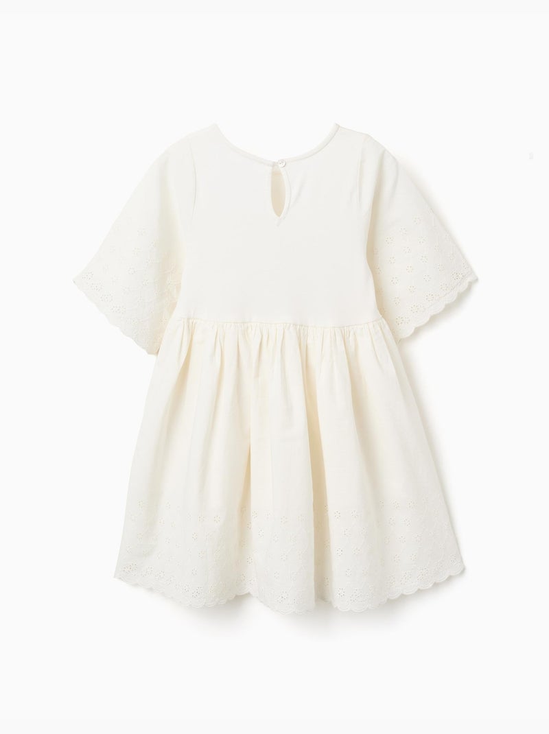 Vestido de manga corta de algodón con bordado inglés Beige claro - Kiabi