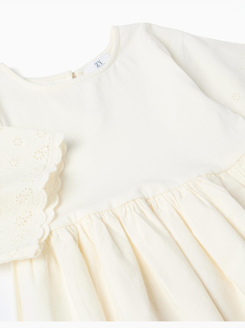 Vestido de manga corta de algodón con bordado inglés Beige claro - Kiabi