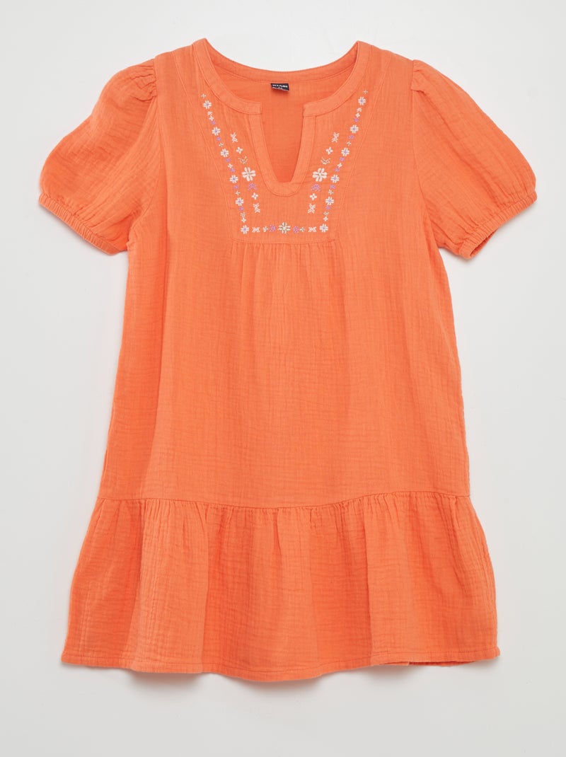 Vestido de manga globo de gasa de algodón NARANJA - Kiabi