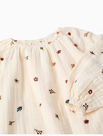 Vestido de manga larga de algodón con bordado floral