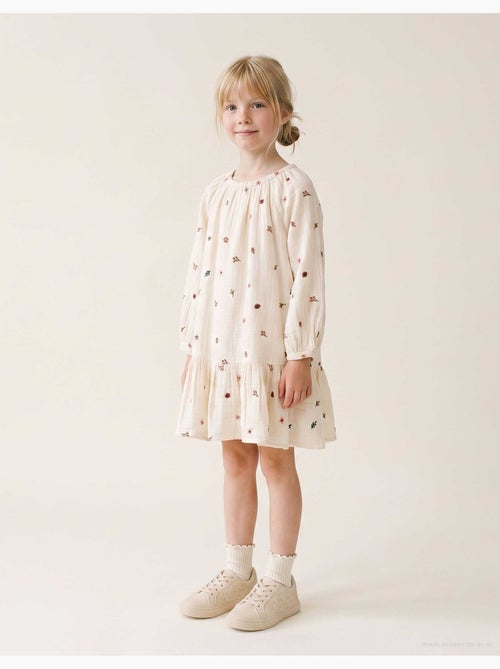 Vestido de manga larga de algodón con bordado floral - Kiabi Vestido de manga larga de algodón con bordado floral - Kiabi