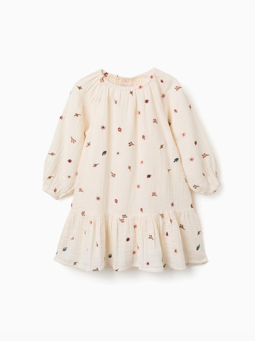 Vestido de manga larga de algodón con bordado floral - Kiabi Vestido de manga larga de algodón con bordado floral - Kiabi