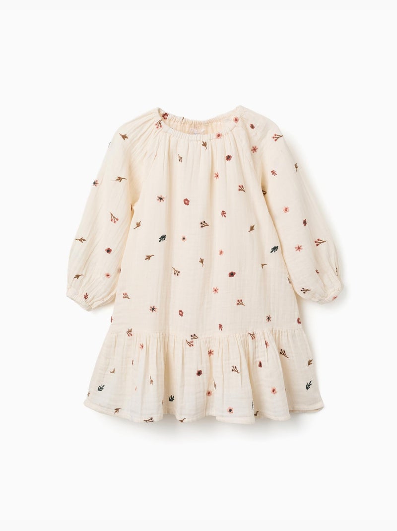 Vestido de manga larga de algodón con bordado floral Blanco - Kiabi